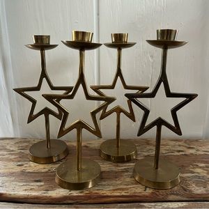 Set of 4 Brass Star Candlestick Holders
